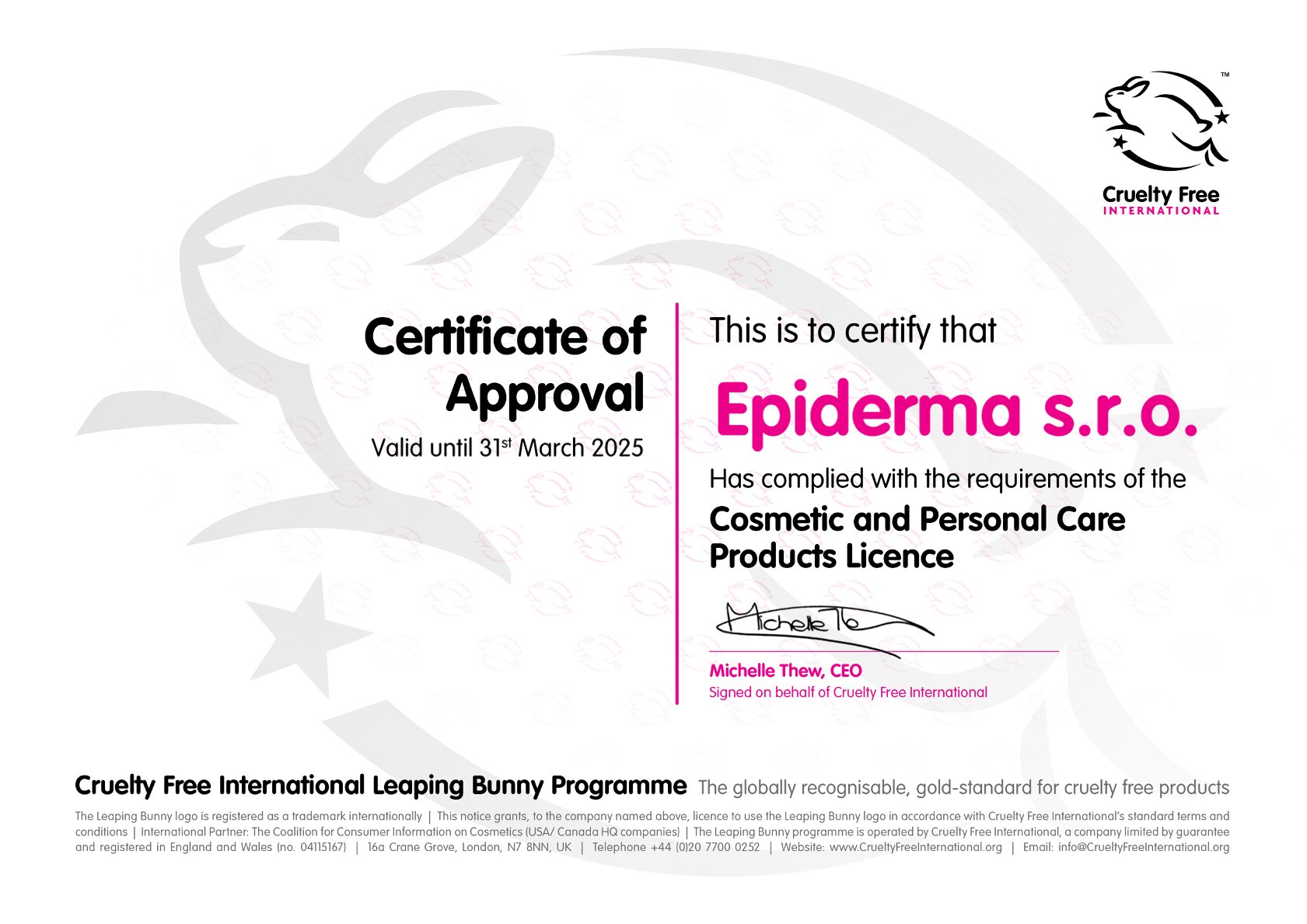 Epiderma Leaping Bunny certificate 24-25